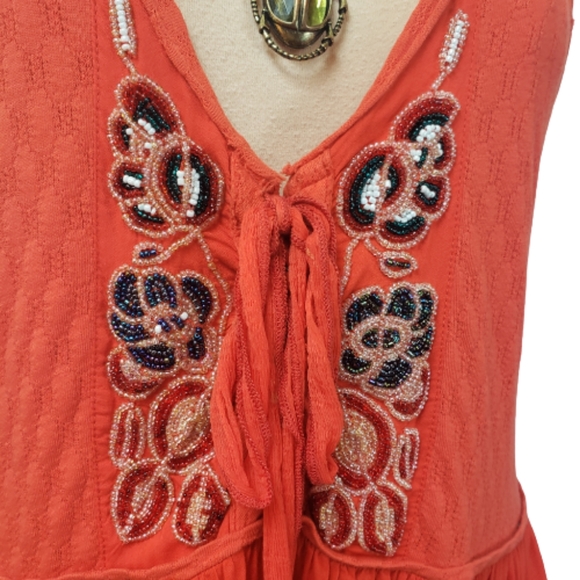 SOLD Free People Orange Beaded Boho Babydoll Tank Top Sz L - Picture 5 of 9